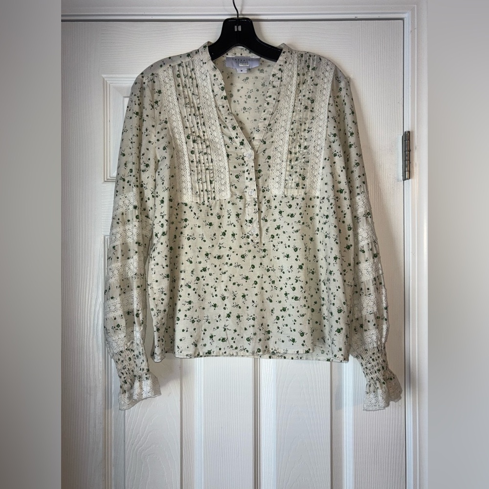 The Shirt by Rochelle Behrens Cream Green Floral Print Lace Button Down Womens M